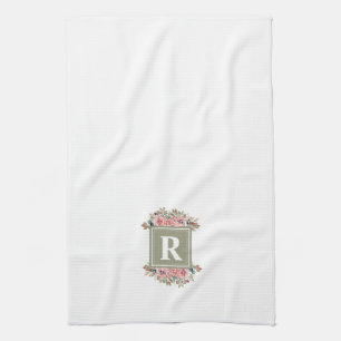 Monogrammed floral sage green and white elegant kitchen towel