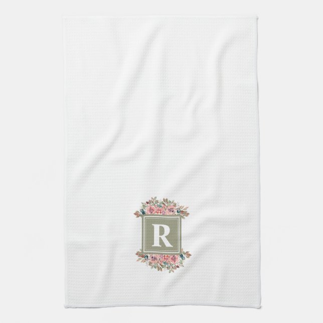 Monogrammed floral sage green and white elegant kitchen towel (Vertical)