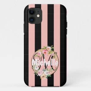 Monogrammed Flowers and black pink stripes pattern iPhone 11 Case