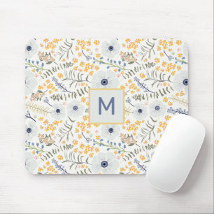 Monogrammed Flowers Yellow Blue Botanical Pattern Mouse Pad