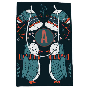 Monogrammed Folk Art Christmas Blue Red Owls Trees Medium Gift Bag