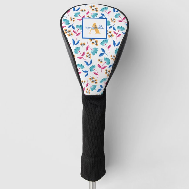 Monogrammed Folk Art Floral Pattern Golf Head Cover (Front)