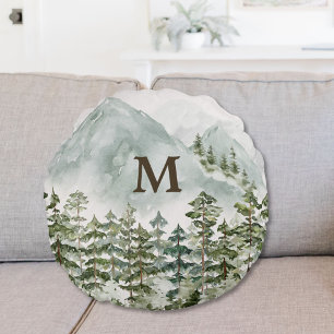 Monogrammed Forest and Mountain Nature Round Pillow