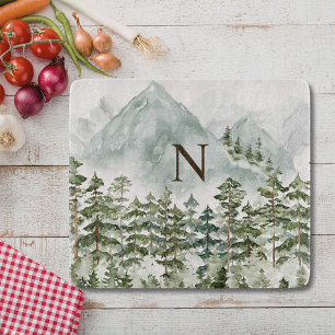 Monogrammed Forest and Mountain Nature Watercolor Cutting Board