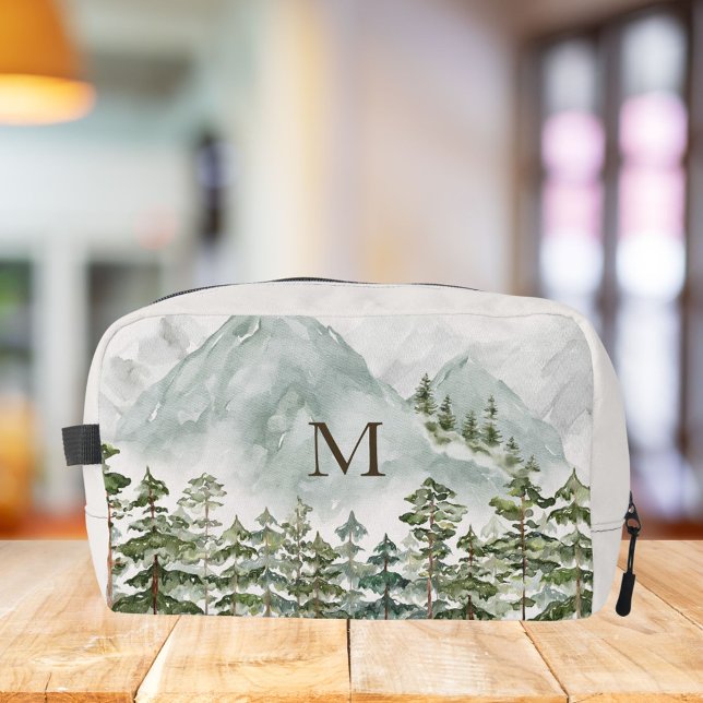 Monogrammed Forest and Mountain Nature Watercolor Dopp Kit (In situ, on table)