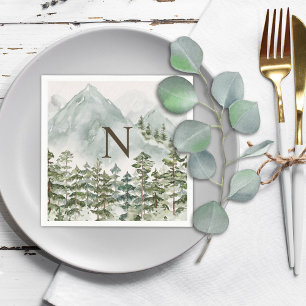 Monogrammed Forest and Mountain Nature Watercolor Napkin