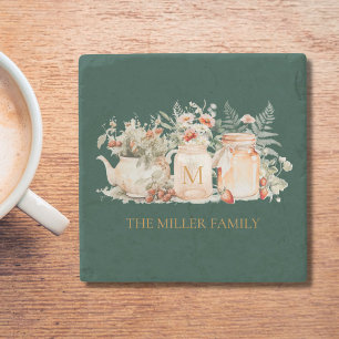 Monogrammed Forest Floral Botanical Family Name Stone Coaster