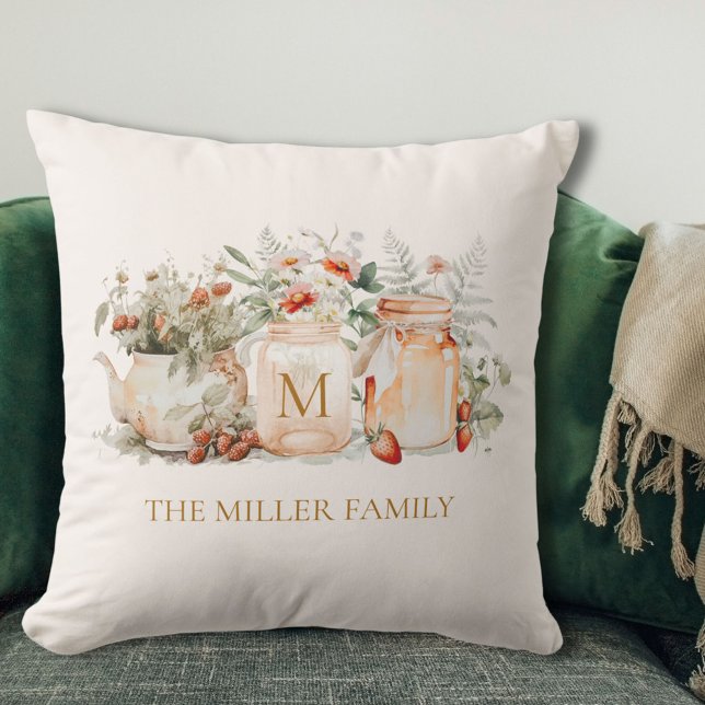 Monogrammed Forest Floral Botanical Family Name Throw Pillow (In situ)