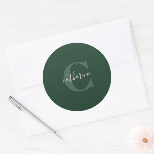 Monogrammed Forest Green Cute Girly Print Classic Round Sticker