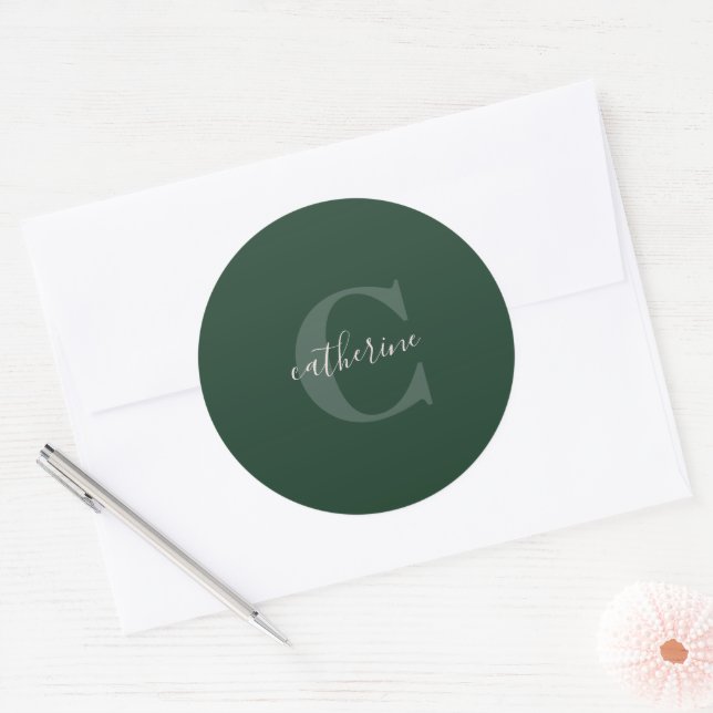 Monogrammed Forest Green Cute Girly Print Classic Round Sticker (Envelope)