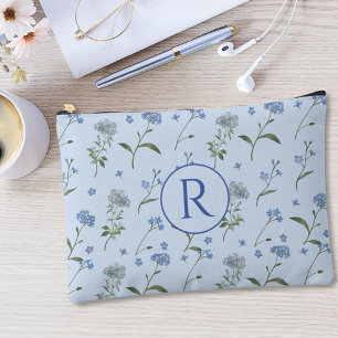 Monogrammed Forget Me Not Blue Floral Watercolor Accessory Pouch