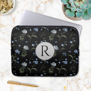 Monogrammed Forget Me Not Blue Floral Watercolor  Laptop Sleeve