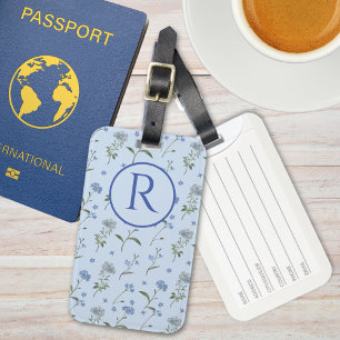 Monogrammed Forget Me Not Blue Floral Watercolor Luggage Tag