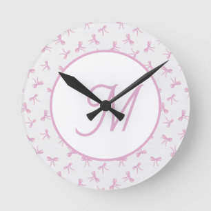 Monogrammed Frilly Coquette Pink watercolor Bow Round Clock