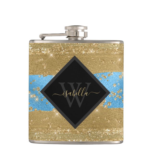 Monogrammed Fun Modern Gold Glitter Script Hip Flask (Front)