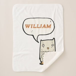 Monogrammed funny hand drawn little owl sherpa blanket