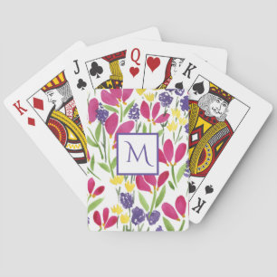 Monogrammed Garden Flowers  Pink Purple Yellow Playing Cards