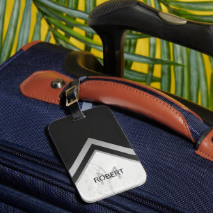Monogrammed Geometric Chevron Black Silver Marble Luggage Tag