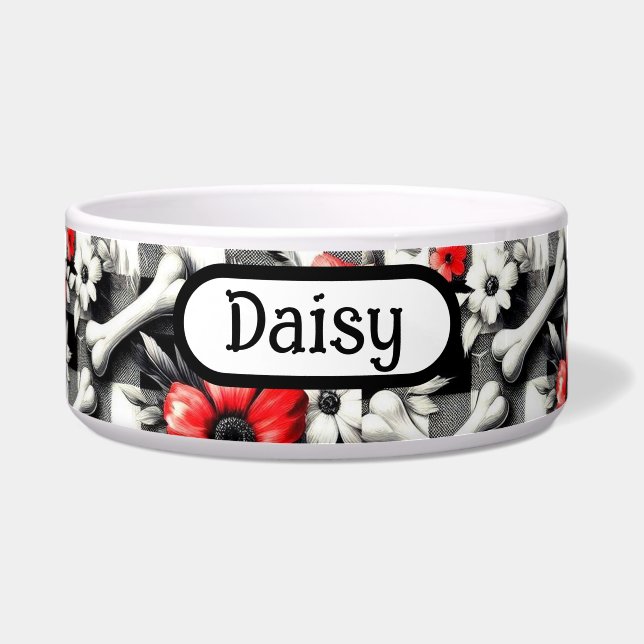 Monogrammed Gingham Plaid Black White Red Floral (Front)