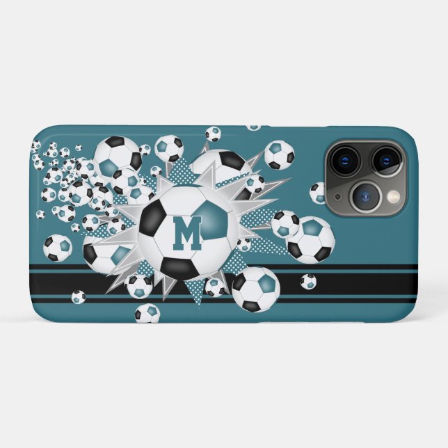 monogrammed girls soccer balls stars teal black Case-Mate iPhone case (Back (Horizontal))