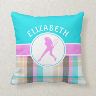 Monogrammed Girl's Tennis Summer Tartan Throw Pillow