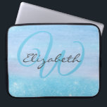 Monogrammed Girly Blue Ombre Soft Glitter Shimmer Laptop Sleeve<br><div class="desc">Girly laptop sleeve which you can personalize with your monogram. Add your initial and your name in aqua blue and dark grey elegant script typography to this chic and trendy ombre backdrop. The ombre is a blend of woodgrain and soft shimmer glitter dust in pretty aqua blue. Please browse our...</div>