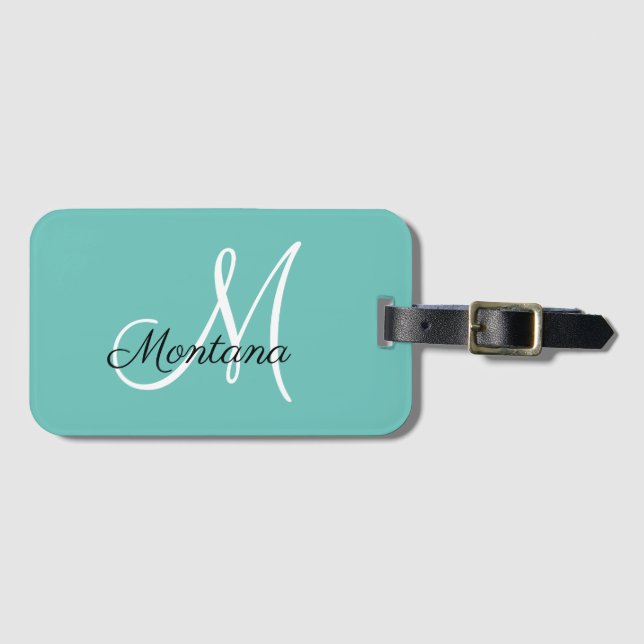 Monogrammed Girly Elegant Simple Teal Travel Luggage Tag (Front Horizontal)