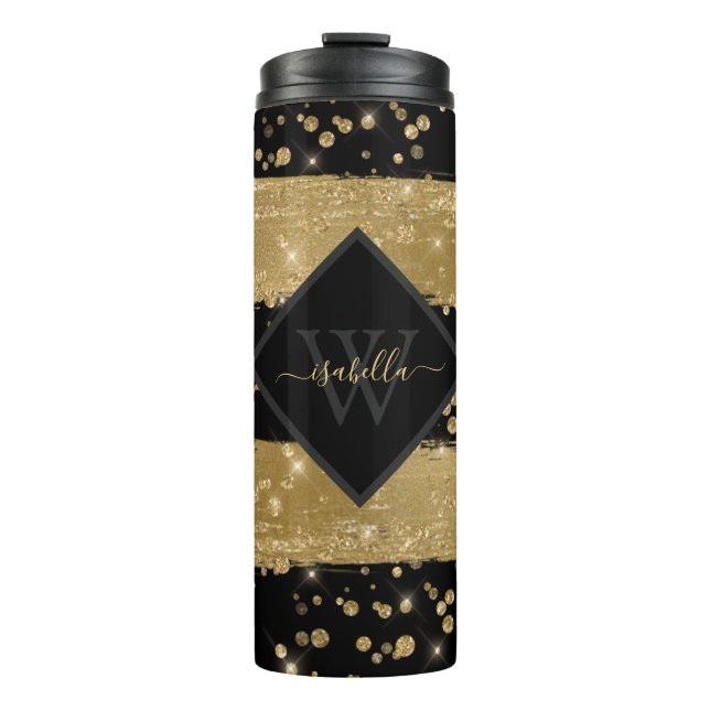 Monogrammed Girly Modern Black Gold Glitter Script Thermal Tumbler (Front)