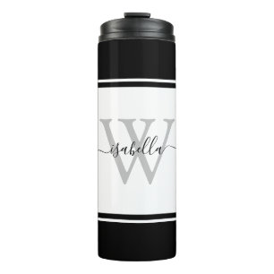 Monogrammed Girly Modern Trendy Script Black White Thermal Tumbler