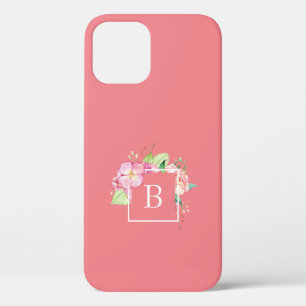 Monogrammed Girly Pink & Pink Coral Floral iPhone 12 Case