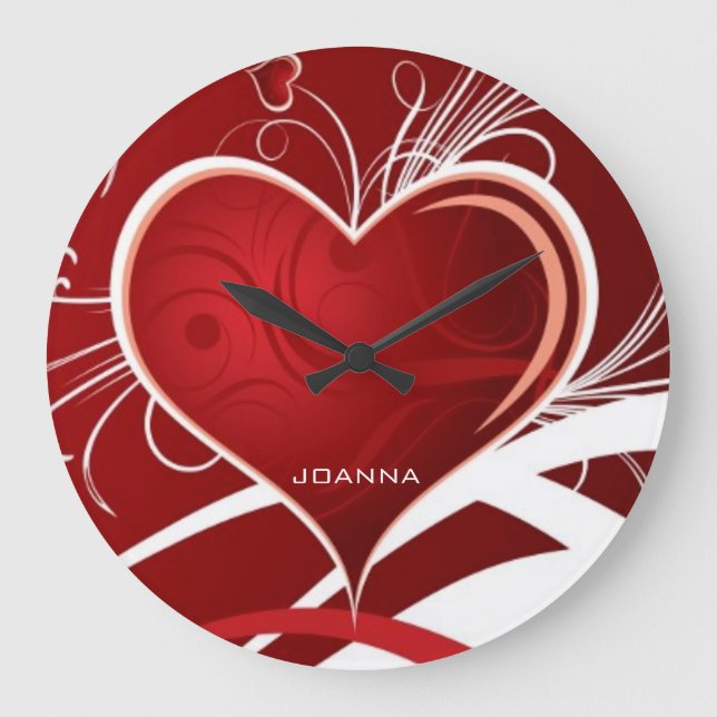 Monogrammed Girly Red & White Abstract Heart Large Clock (Front)