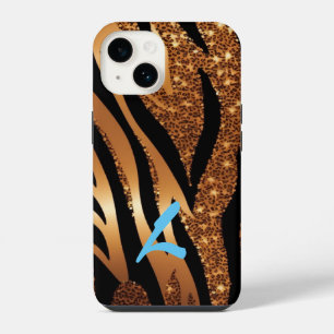 Monogrammed Gold Agate Tiger Leopard Glitter iPhone 14 Case