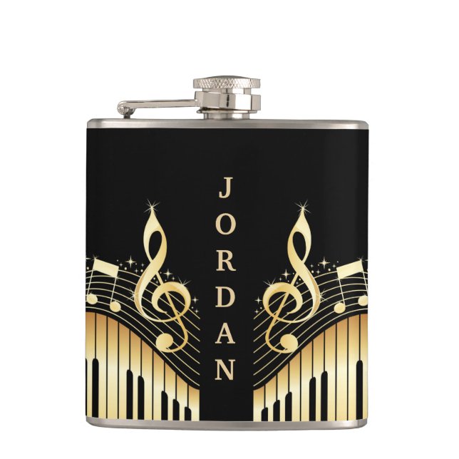 Monogrammed Gold And Black Musical Keyboard Hip Flask (Front)