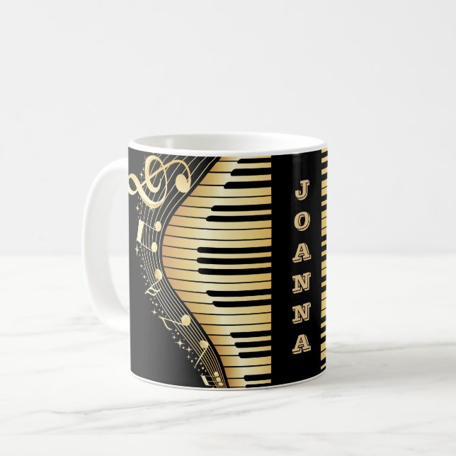 Monogrammed Gold And Black Musical Notes And Key Coffee Mug (Front Left)