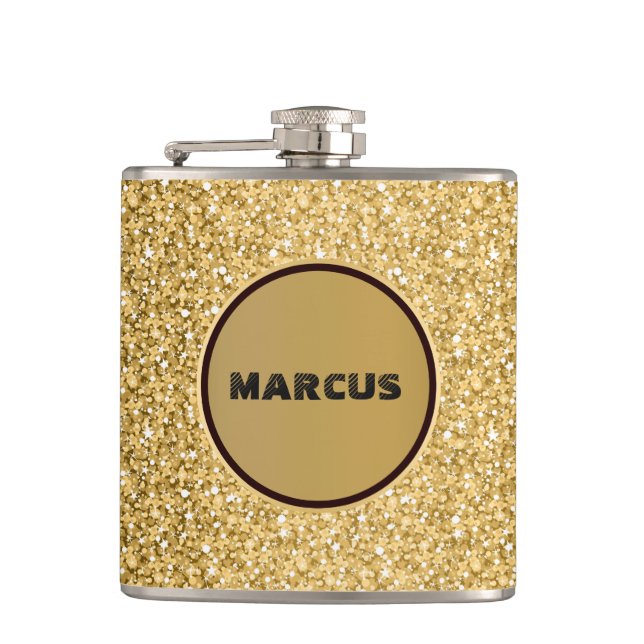 Monogrammed Gold And White Glitter Hip Flask (Front)
