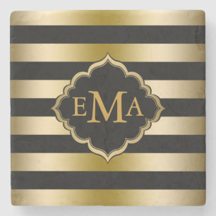 Monogrammed Gold & Black Stripes Geometric Pattern Stone Coaster