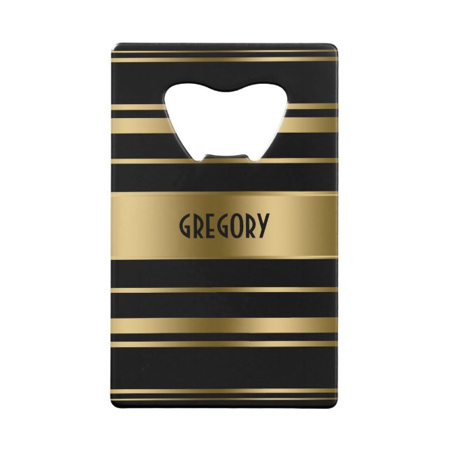 Monogrammed Gold & Black Stripes Pattern Credit Card Bottle Opener (Front)