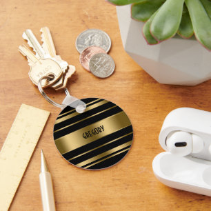 Monogrammed Gold & Black Stripes Pattern Keychain