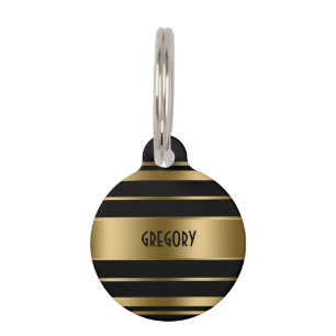 Monogrammed Gold & Black Stripes Pattern Pet Tag