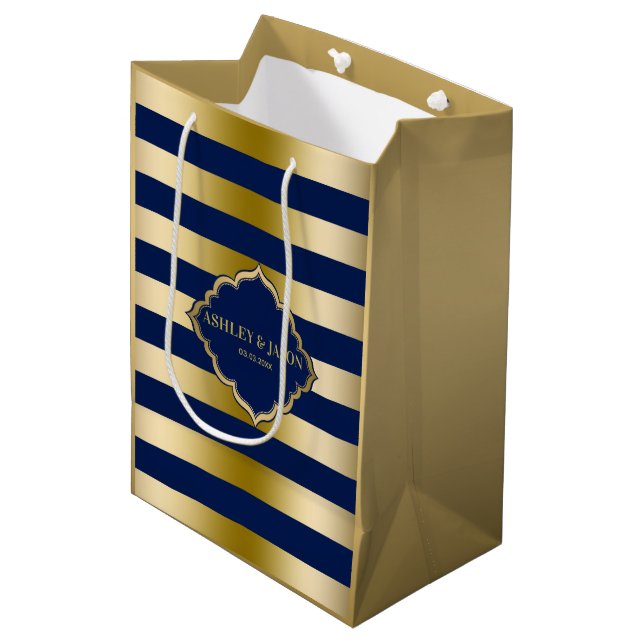 Monogrammed Gold & Blue Stripes Pattern Medium Gift Bag (Front Angled)