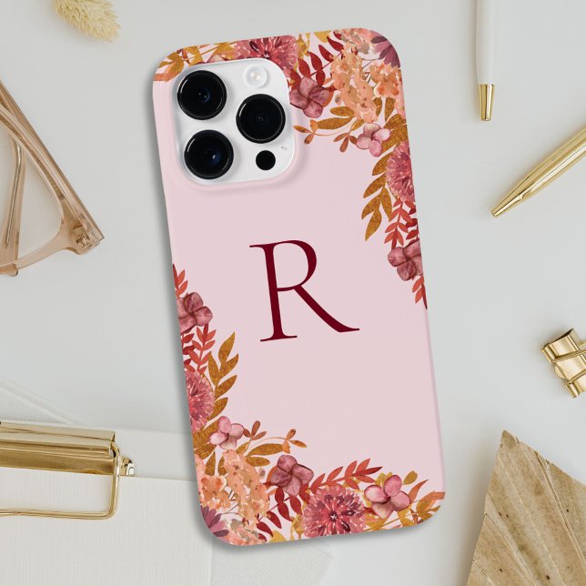 Monogrammed Gold Burgundy Fall Floral Case-Mate iPhone Case (In situ)