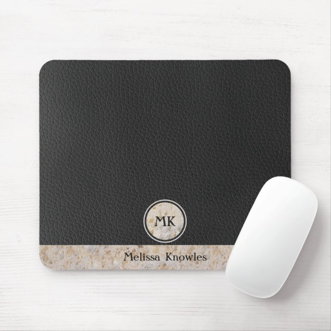 Monogrammed Gold Cowhide Leather Initials Mouse Pad (With Mouse)