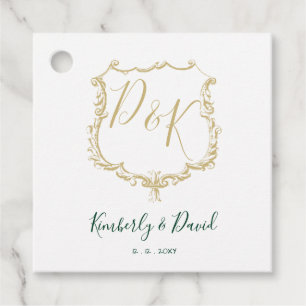 Monogrammed Gold Crest and Forest Green Wedding Favour Tags