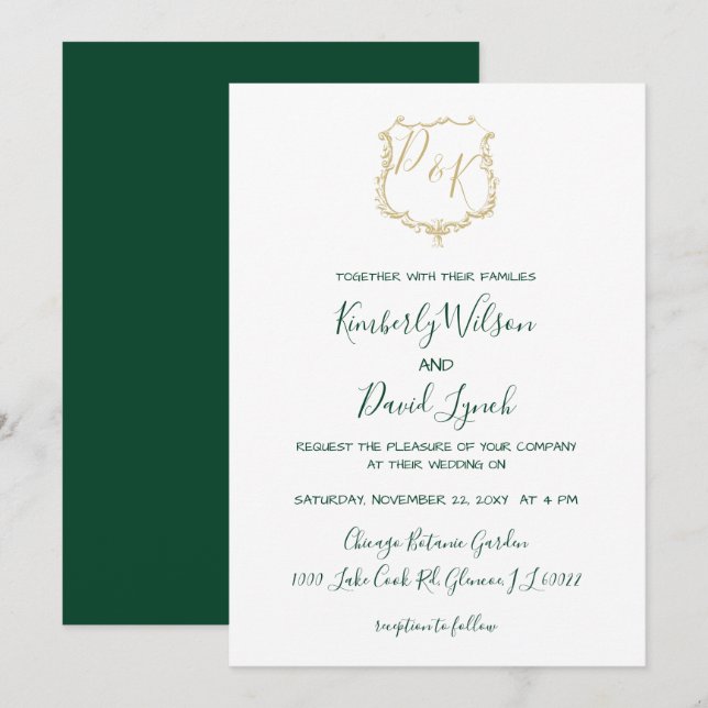 Monogrammed Gold Crest and Forest Green Wedding Invitation (Front/Back)