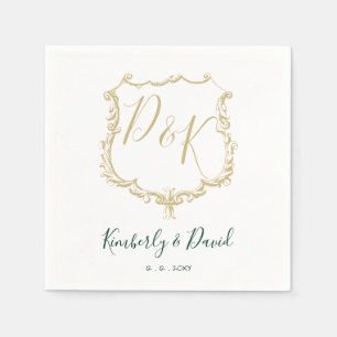 Monogrammed Gold Crest and Forest Green Wedding Napkin
