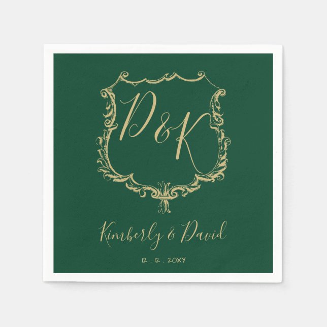 Monogrammed Gold Crest and Forest Green Wedding Napkin (Front)