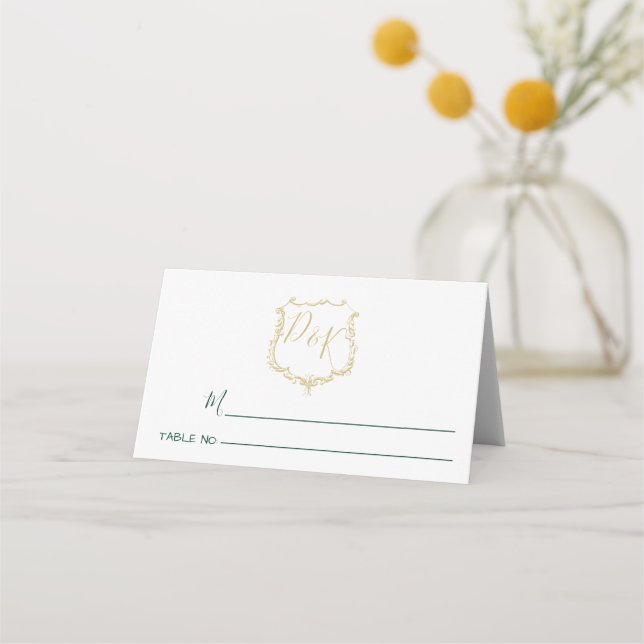 Monogrammed Gold Crest and Forest Green Wedding Place Card (Front)