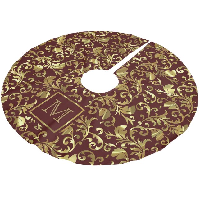 Monogrammed Gold Floral Damask Brushed Polyester Tree Skirt (Angled)