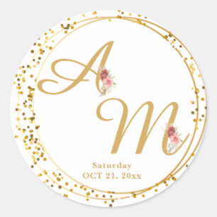 Monogrammed Gold Flower Minimal White Classic Round Sticker