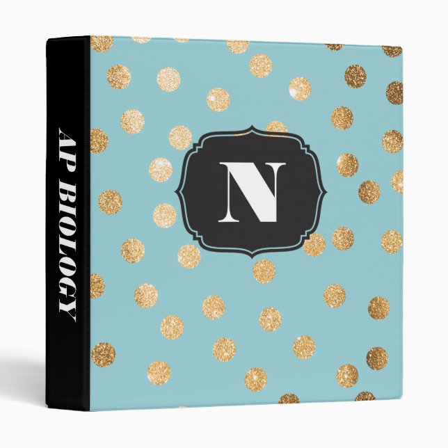 Monogrammed Gold Glitter Dots on Aqua Binder (Front/Spine)
